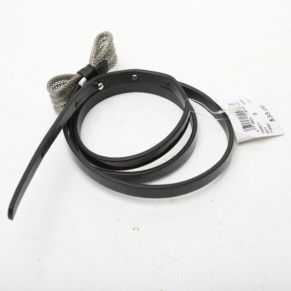 Faux Patent Leather Skinny Belt Metal Bow Mesh Black Glossy Party Y2K Retro - Picture 6 of 9